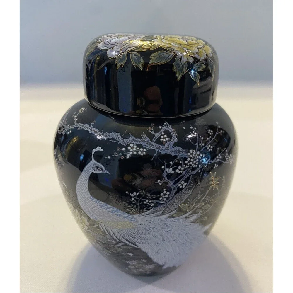 SHIBATA, 2 Hand Painted Peacock Black Ceramic Ginger Jars